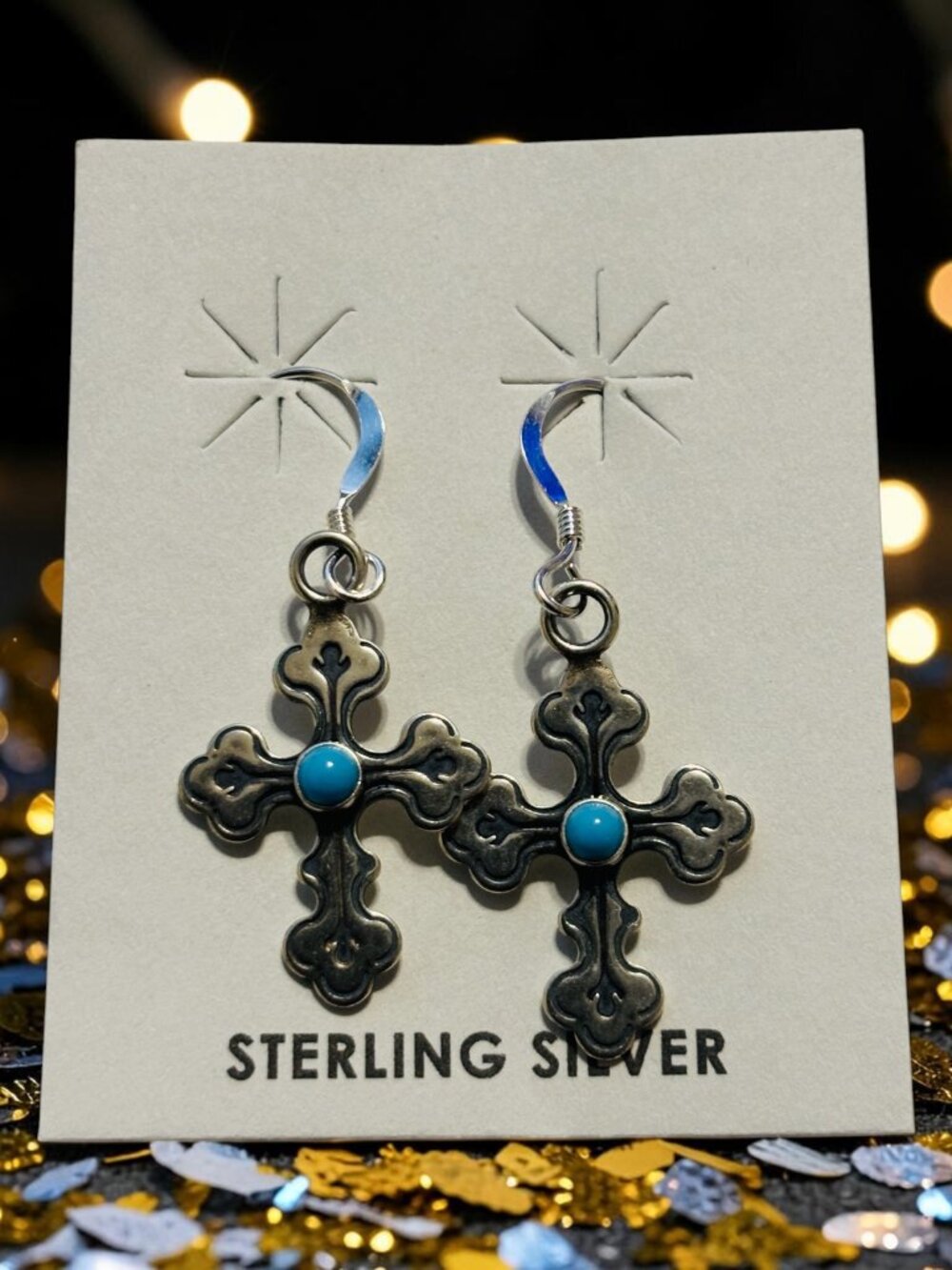 Oxidized Cross Earrings with Turquoise Center-.925 Sterling Silver